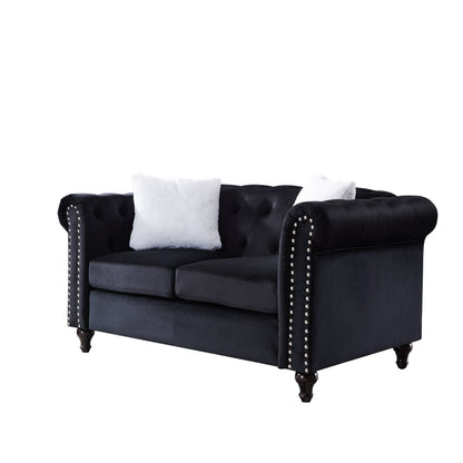 2 Piece Living Room Sofa Set, including 3-Seater Sofa and Loveseat, with Button and Copper Nail on Arms and Back,Four White Villose Pillow，Black