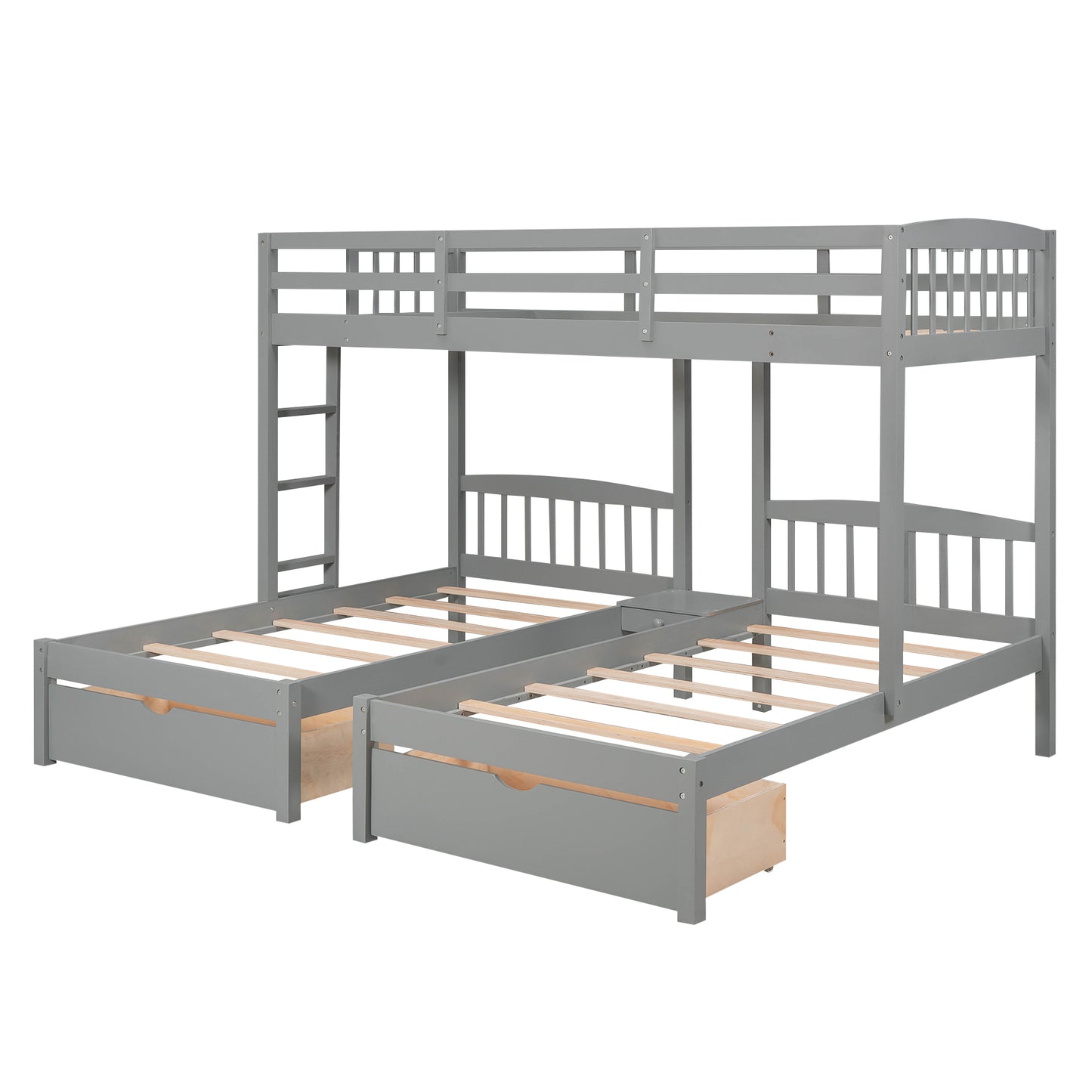 Twin over Twin & Twin Bunk Bed with Two Drawers and Built-in Middle Drawer, Gray