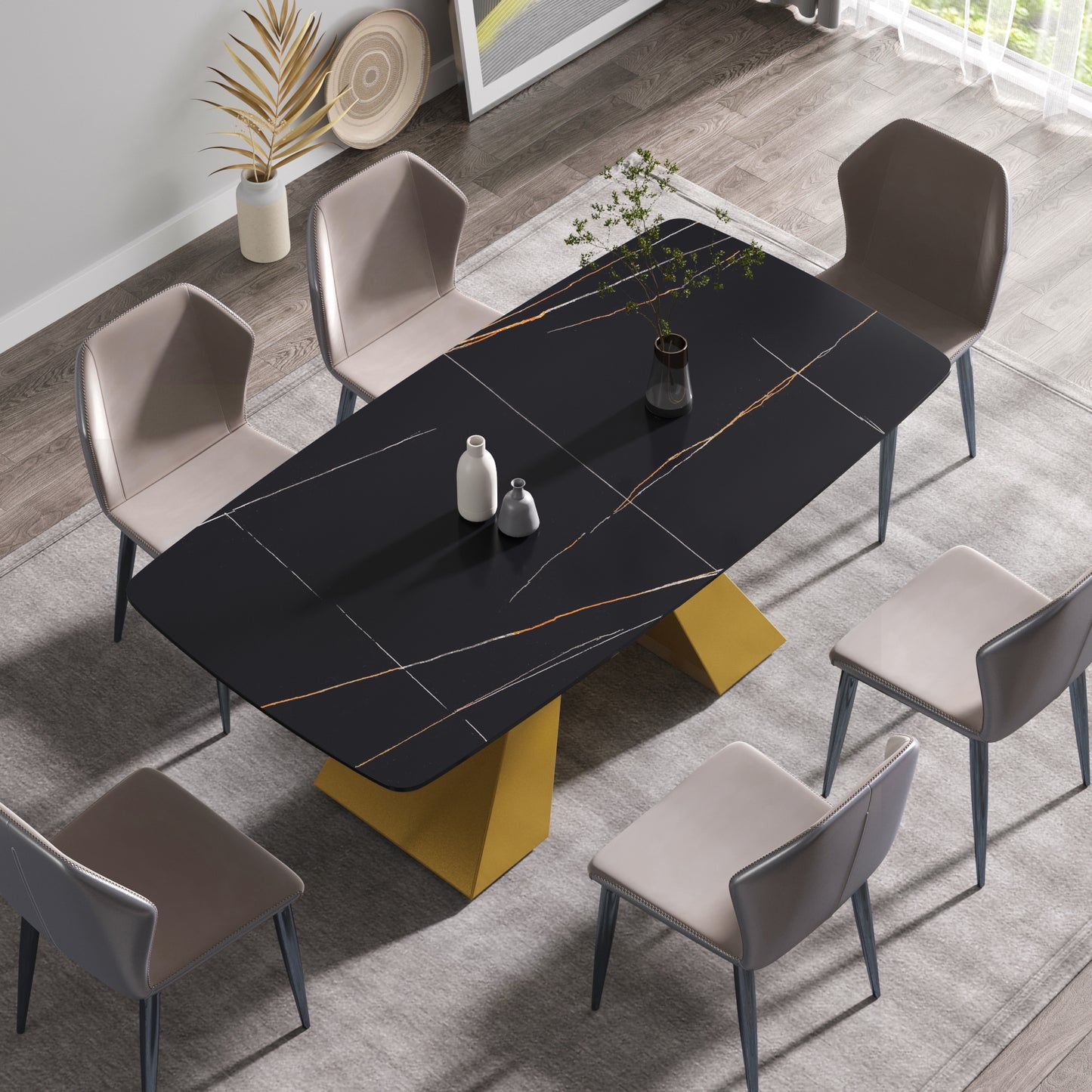 70.87"Modern artificial stone black curved golden metal leg dining table-can accommodate 6-8 people