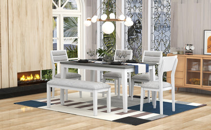 TREXM Classic and Traditional Style 6 - Piece Dining Set, Includes Dining Table, 4 Upholstered Chairs & Bench (White+Gray)