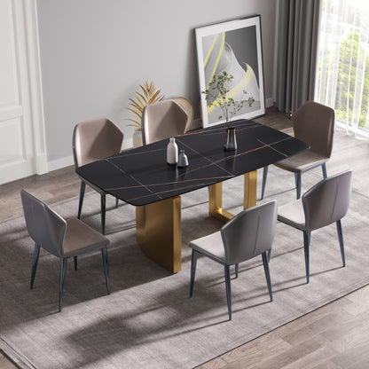 70.87"Modern artificial stone black curved golden metal leg dining table-can accommodate 6-8 people