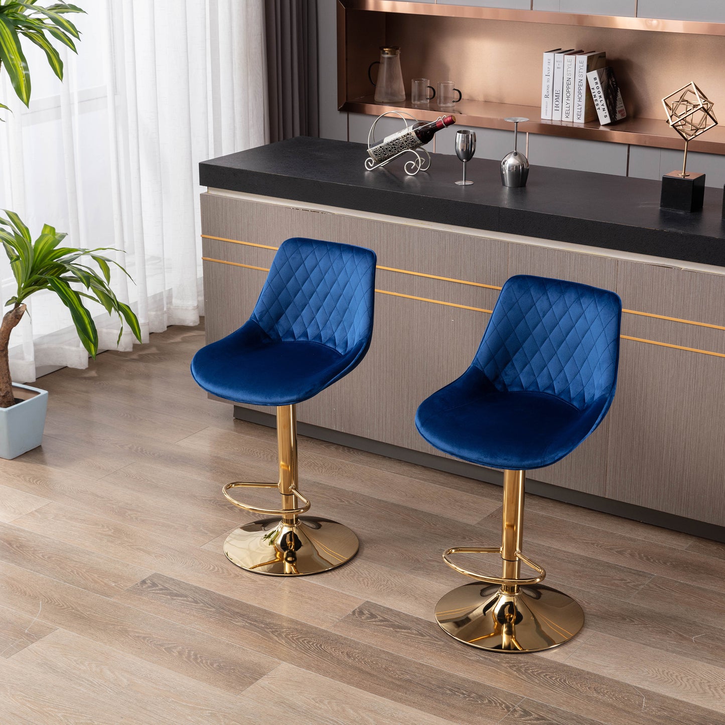 Set of 2  Bar Stools,with Chrome Footrest and Base Swivel Height Adjustable Mechanical Lifting Velvet + Golden Leg Simple Bar Stool-blue