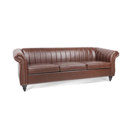 84'' Brown PU Rolled Arm Chesterfield Three Seater Sofa.