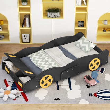 Twin Size Race Car-Shaped Platform Bed with Wheels and Storage, Black+Yellow