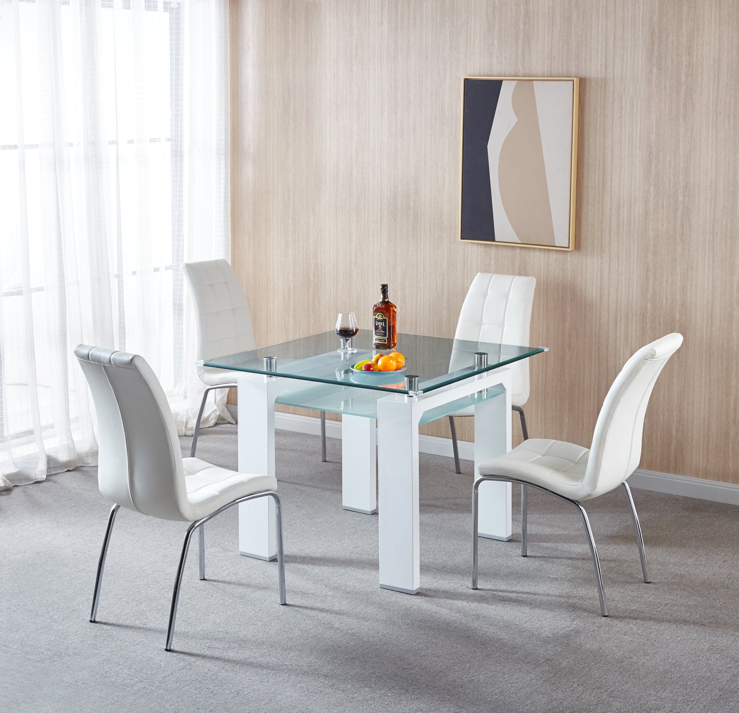 5 Pieces Modern dining set, Square Double-Layer Tempered Glass Dining Table with 4 Lattice Design Leatherette Dining Chair