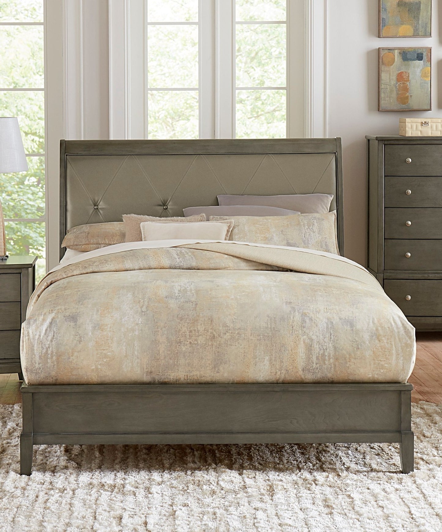 Transitional Style Gray Finish 1pc Queen Size Sleigh Bed Button-Tufted Faux Leather Upholstered Headboard Bedframe