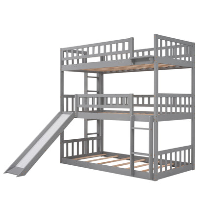 Twin-Over-Twin-Over-Twin Triple Bed with Built-in Ladder and Slide, Triple Bunk Bed with Guardrails, Gray(OLD SKU: LP000051AAE)