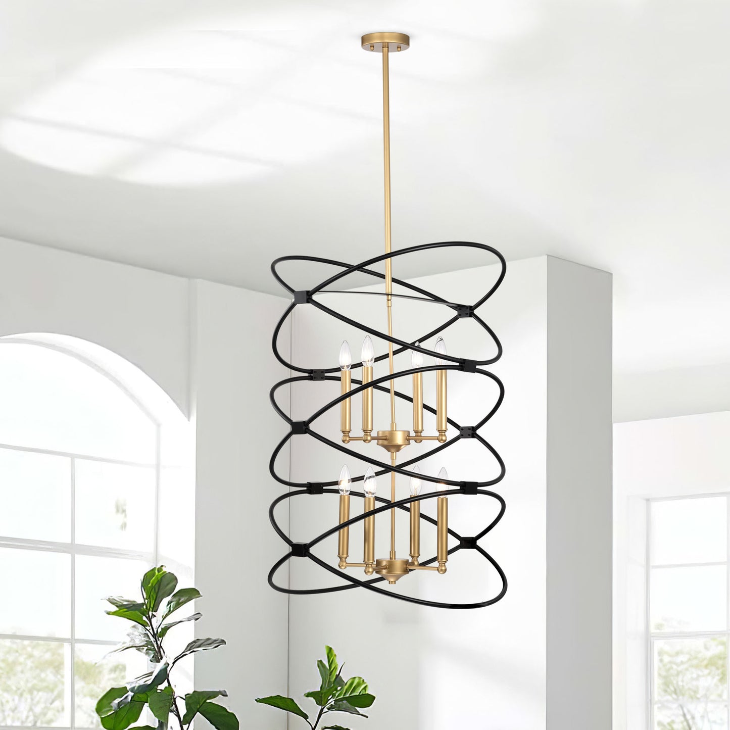 Transitional Gold/Matte Black Metal Chandelier Fixture, 8 lights, 2-Tier-Candle Ceiling Light for Living Room, Bedroom, Dining Room, Dimmable, E12, W23.6*H55