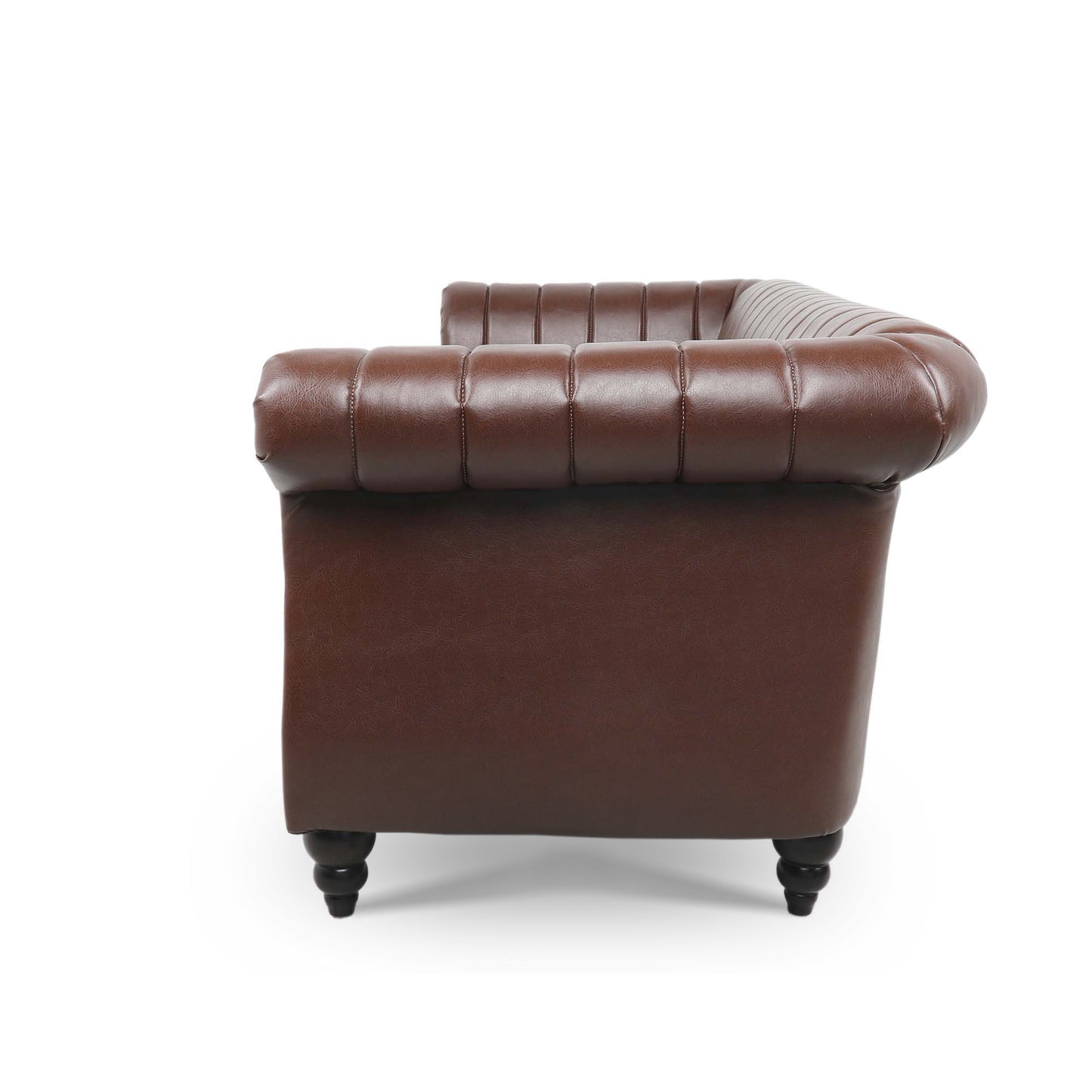 84'' Brown PU Rolled Arm Chesterfield Three Seater Sofa.