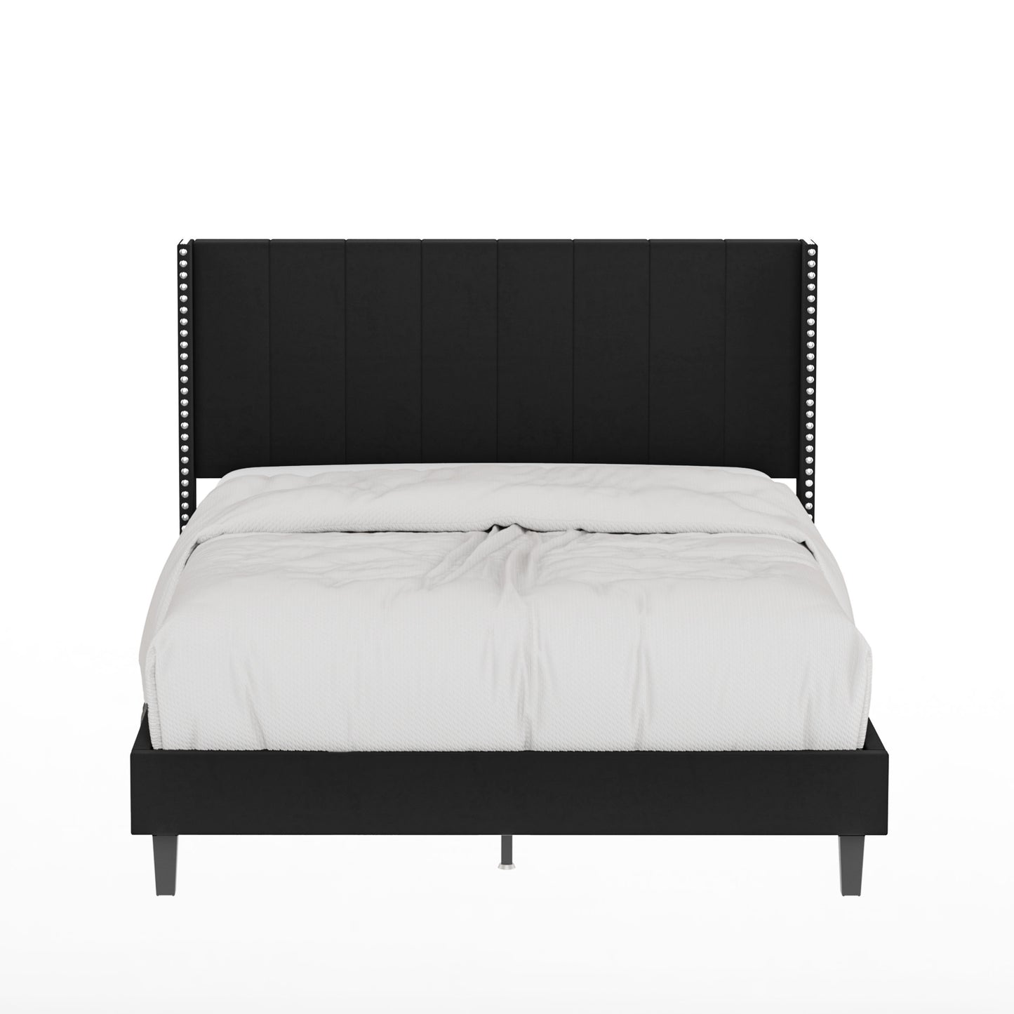 Queen Size Tufted Upholstered Bed Frame Low Profile Velvet Bed Frame Platform with Raised Wingback Headboard/No Box Spring Required/Wood Slat Support/Black