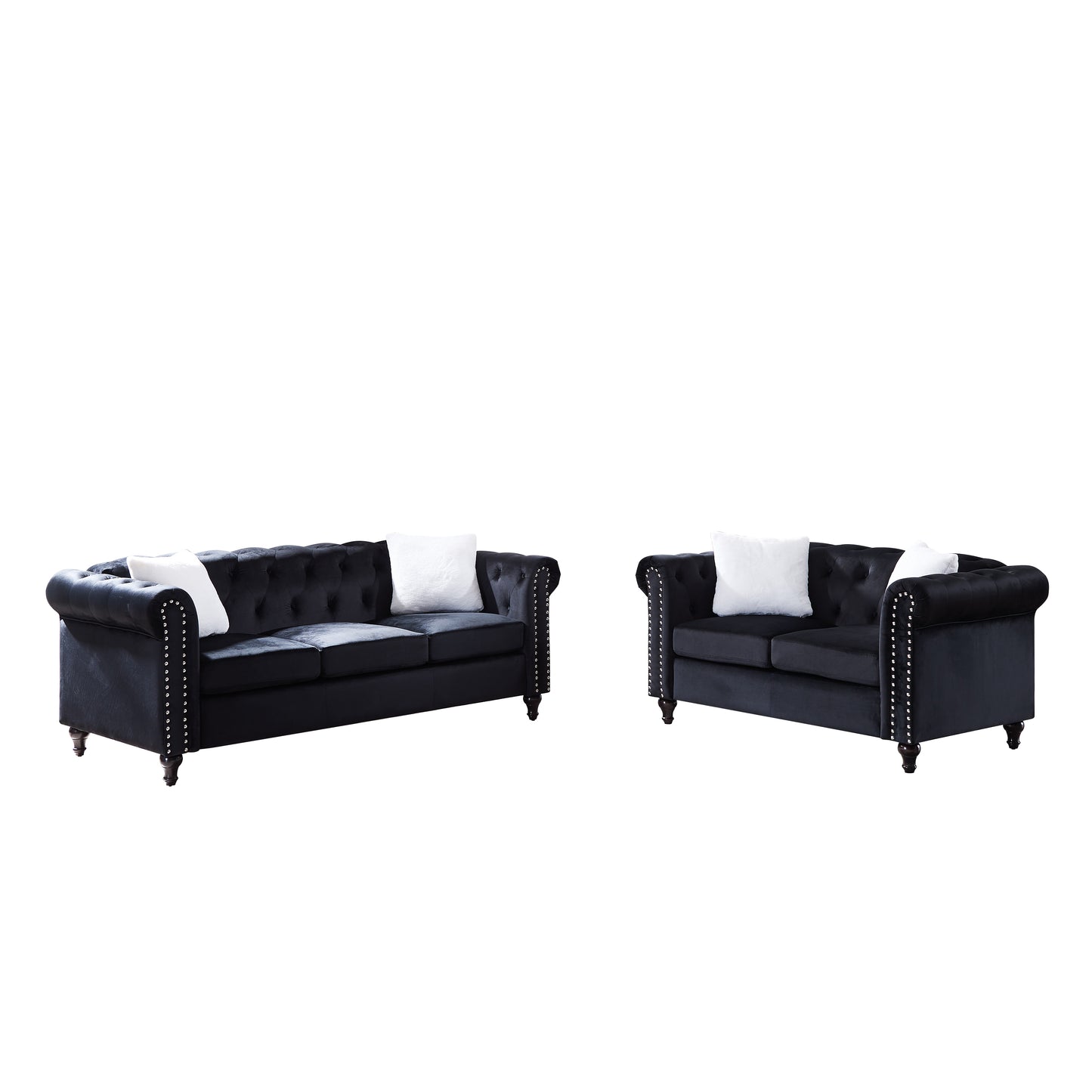 2 Piece Living Room Sofa Set, including 3-Seater Sofa and Loveseat, with Button and Copper Nail on Arms and Back,Four White Villose Pillow，Black