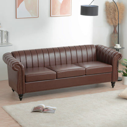 84'' Brown PU Rolled Arm Chesterfield Three Seater Sofa.