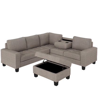 Orisfur. Sectional Corner Sofa L-shape Couch Space Saving with Storage Ottoman & Cup Holders Design for Large Space Dorm Apartment