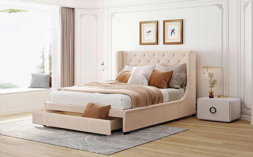 Queen Size Storage Bed Velvet Upholstered Platform Bed with Wingback Headboard and a Big Drawer (Beige)