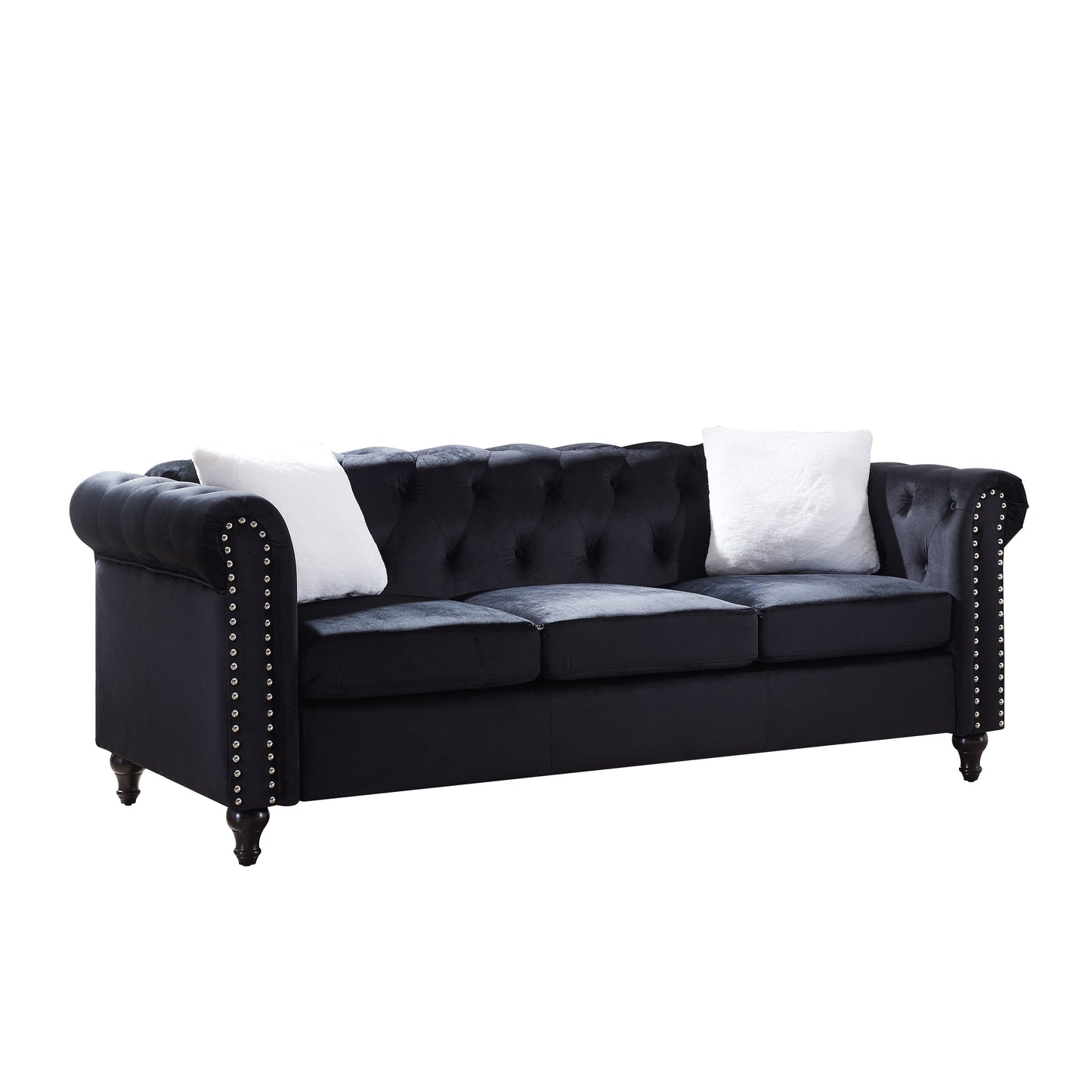 2 Piece Living Room Sofa Set, including 3-Seater Sofa and Loveseat, with Button and Copper Nail on Arms and Back,Four White Villose Pillow，Black