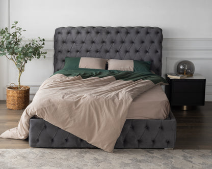 3585QUEEN BED Beautiful line stripe cushion headboard,Portable pneumatic connection rod+Grey Flannelette