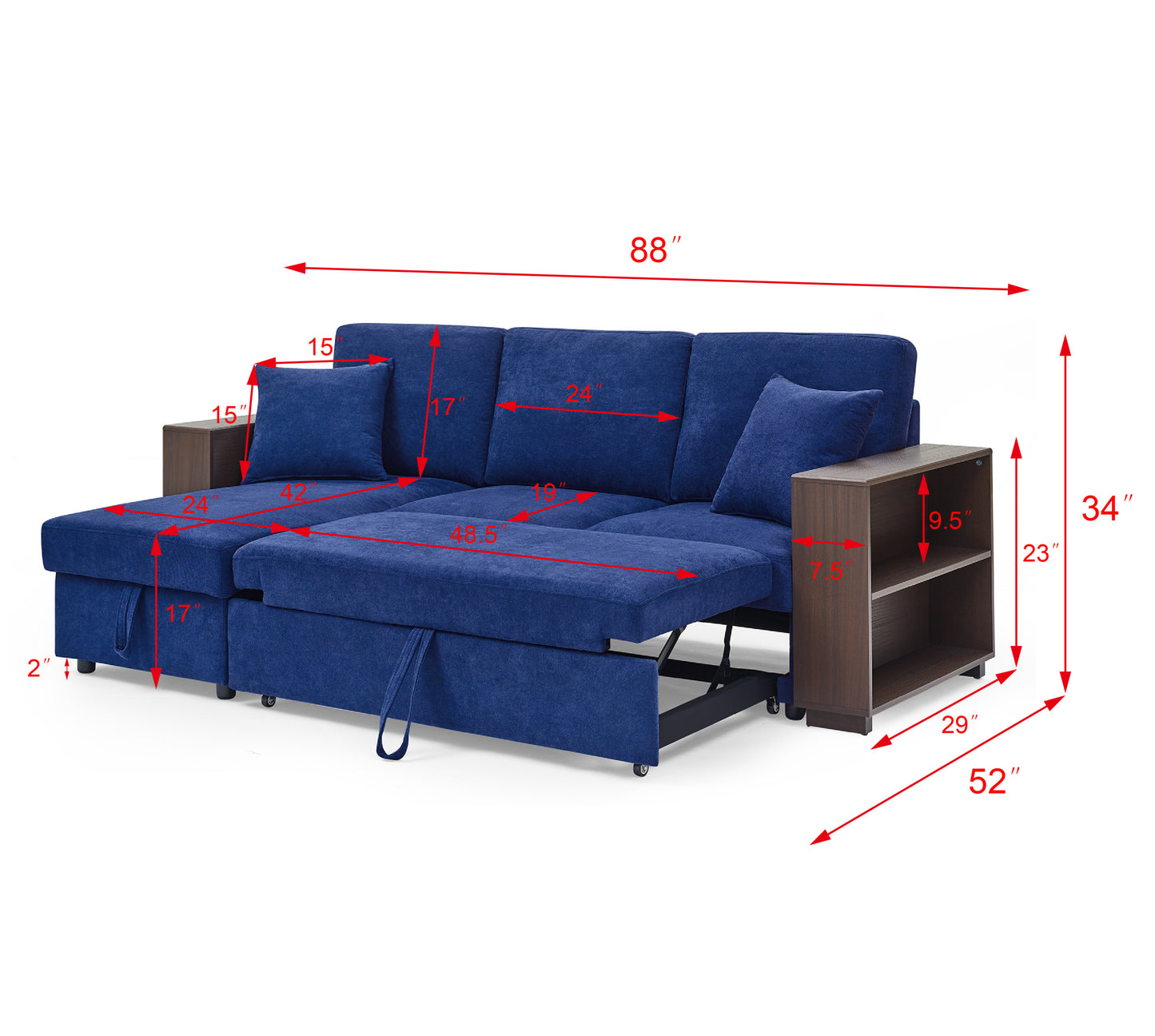 Sectional Sofa with Pulled Out Bed, 2 Seats Sofa and Reversible Chaise with Storage, MDF Shelf Armrest, Two Pillows, Navy Blue, (88" x52" x 34")