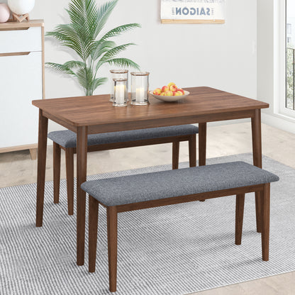 3 Pieces Modern Dining Table Set with 1 Rectangular Table and 2 Benches Fabric Cushion for 4 All Rubber wood Kitchen Dining Table for Dining Room Kitchen Small Space Walnut Color and Grey