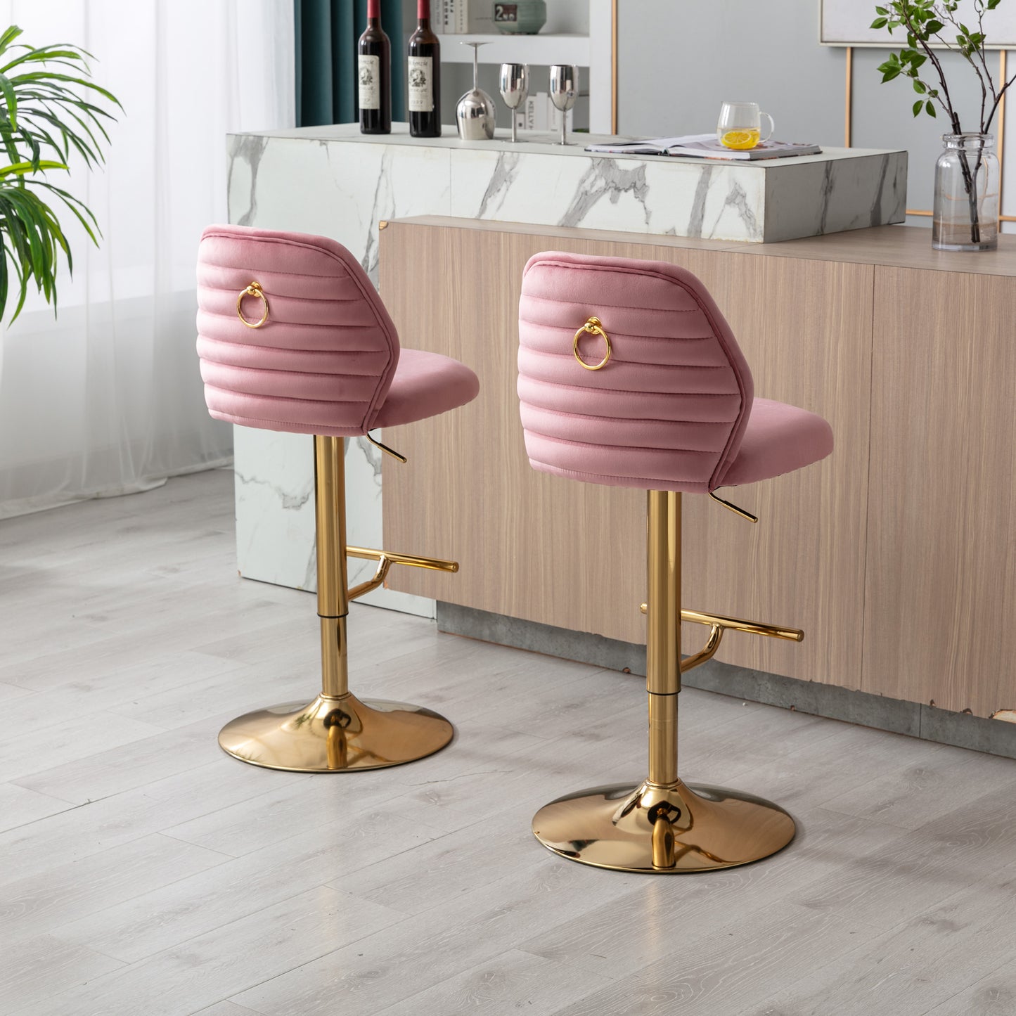 Swivel Bar Stools Chair Set of 2 Modern Adjustable Counter Height Bar Stools, Velvet Upholstered Stool with Tufted High Back & Ring Pull for Kitchen ,Chrome Golden Base,Pink