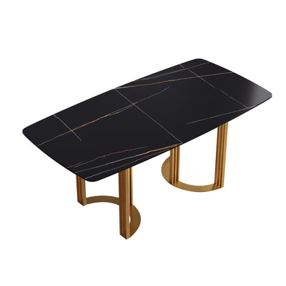 70.87"Modern artificial stone black curved golden metal leg dining table-can accommodate 6-8 people