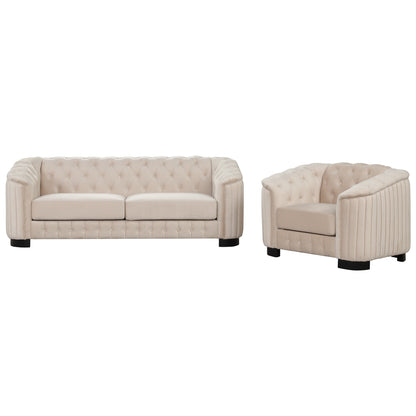 Modern 3-Piece Sofa Sets with Rubber Wood Legs,Velvet Upholstered Couches Sets Including Three Seat Sofa, Loveseat and Single Chair for Living Room Furniture Set,Beige