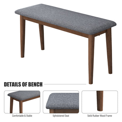 3 Pieces Modern Dining Table Set with 1 Rectangular Table and 2 Benches Fabric Cushion for 4 All Rubber wood Kitchen Dining Table for Dining Room Kitchen Small Space Walnut Color and Grey