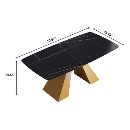 70.87"Modern artificial stone black curved golden metal leg dining table-can accommodate 6-8 people