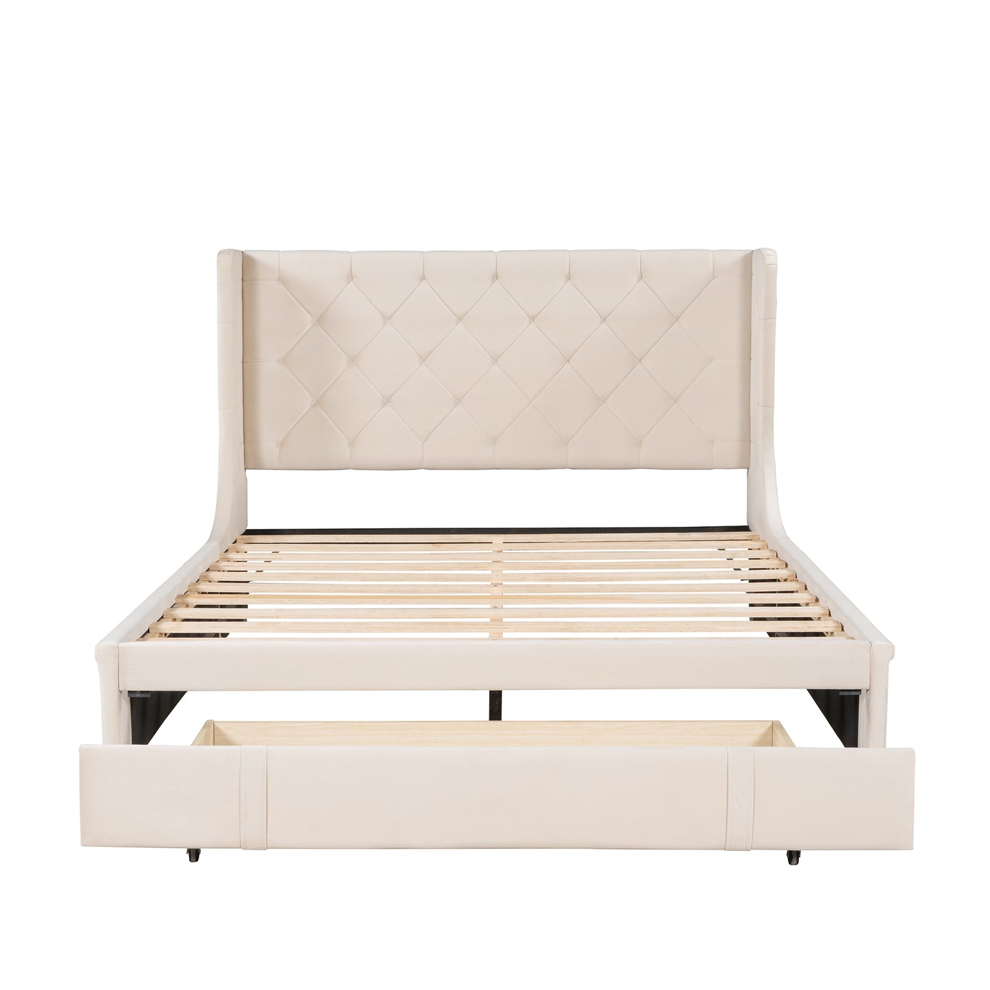 Queen Size Storage Bed Velvet Upholstered Platform Bed with Wingback Headboard and a Big Drawer (Beige)