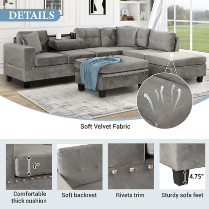 106.5" Modern Sectional Sofa with Storage Ottoman, L-Shape Couch with 2 Pillows and Cup Holder,Sectional Sofa with Reversible Chaise for Living Room,Gray