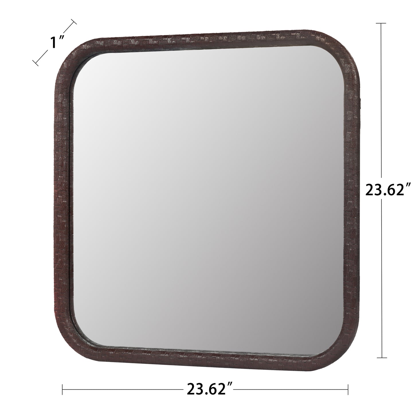 Square Brown Woven Grain Decorative Wall Hanging Mirror,PU Covered MDF Framed Mirror for Bedroom Living Room Vanity Entryway Wall Decor,23.62x23.62inch