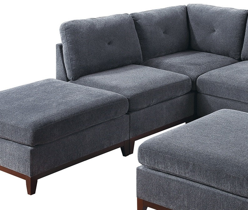 Ash Grey Chenille Fabric Modular Sectional 7pc Set Living Room Furniture U-Sectional Couch 2x Corner Wedge 3x Armless Chairs and 2x Ottomans Tufted Back Exposed Wooden Base