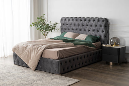 3585QUEEN BED Beautiful line stripe cushion headboard,Portable pneumatic connection rod+Grey Flannelette