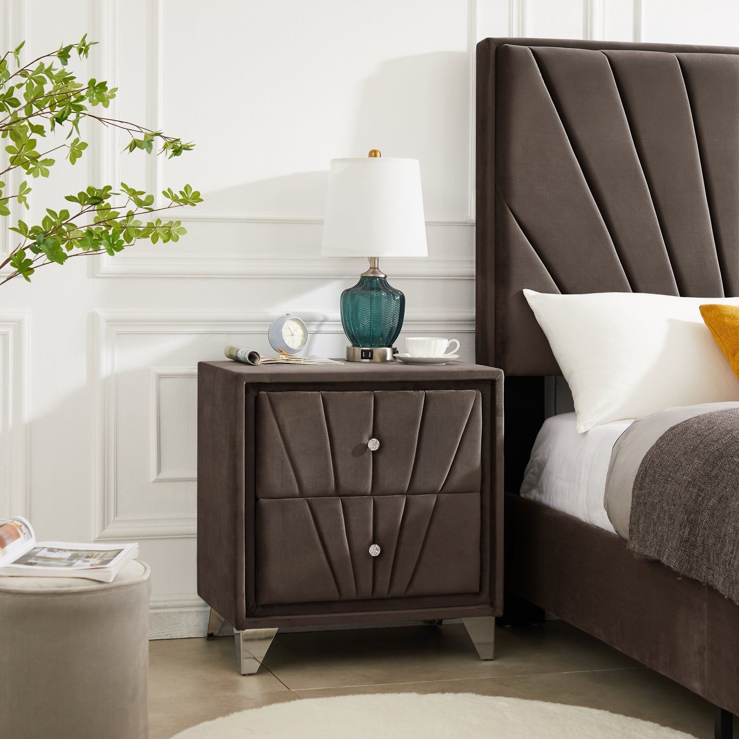 B108 Full bed with one nightstand, Beautiful line stripe cushion headboard , strong wooden slats + metal legs with Electroplate