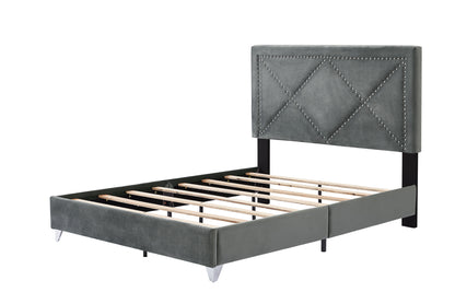 B109 Queen bed with one nightstand,Beautiful brass studs adorn the headboard, strong wooden slats + metal legs with Electroplate