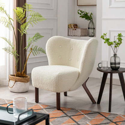 Modern Accent Chair Lambskin Sherpa Wingback Tufted Side Chair with Solid Wood Legs for Living Room Bedroom，Cream