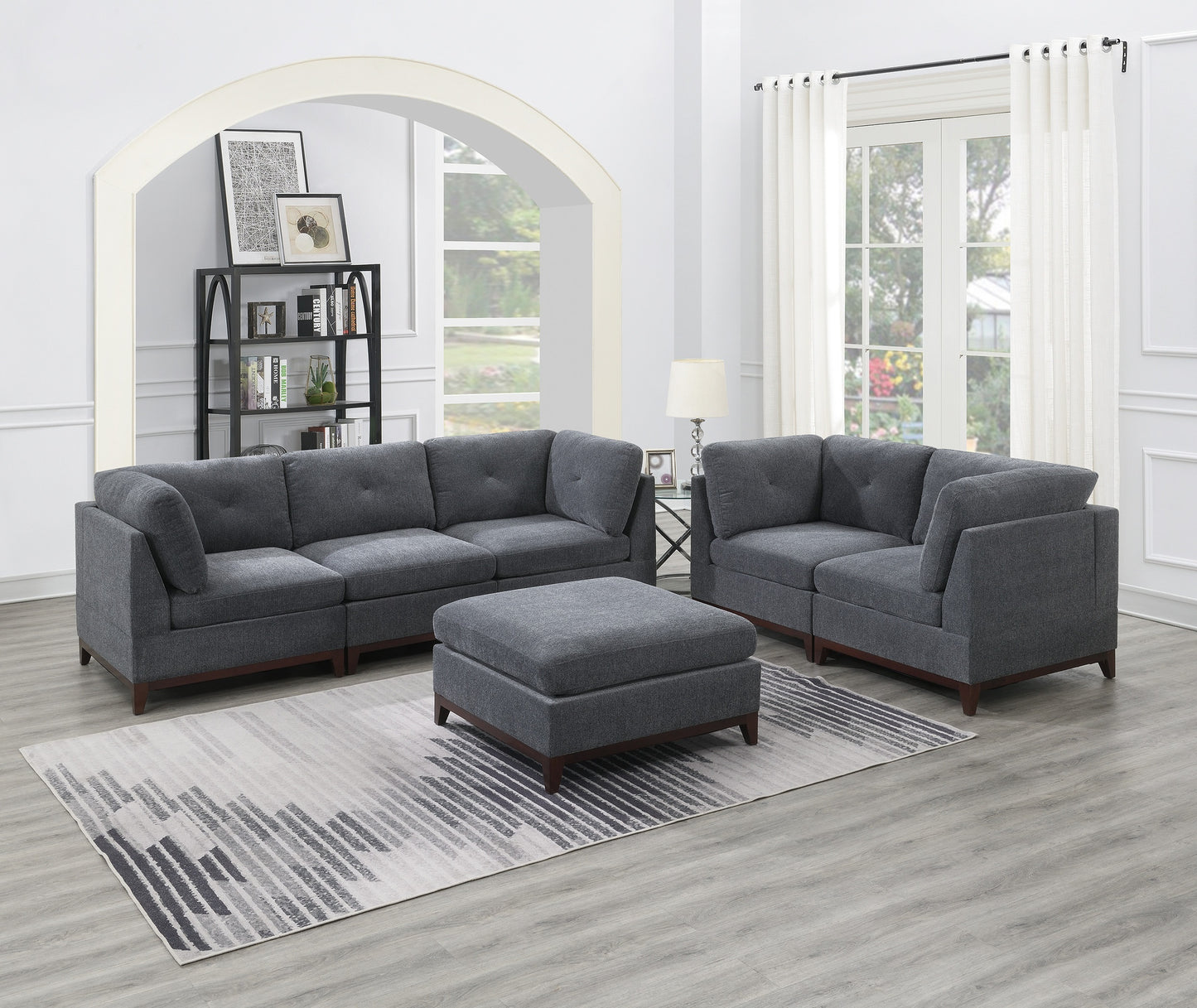 Ash Grey Chenille Fabric Modular Sofa Set 6pc Set Living Room Furniture Couch Sofa Loveseat 4x Corner Wedge 1x Armless Chair and 1x Ottoman Tufted Back Exposed Wooden Base