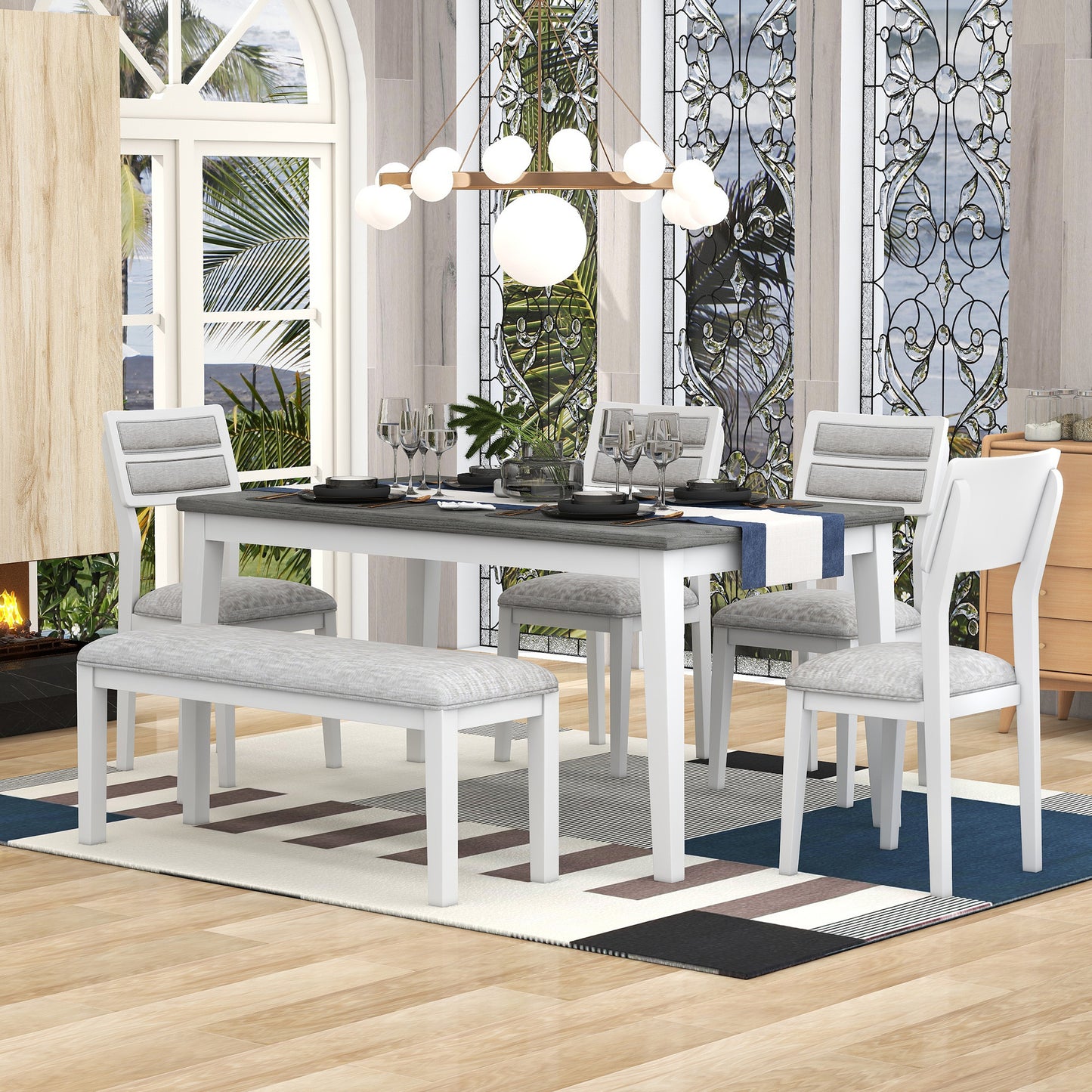 TREXM Classic and Traditional Style 6 - Piece Dining Set, Includes Dining Table, 4 Upholstered Chairs & Bench (White+Gray)