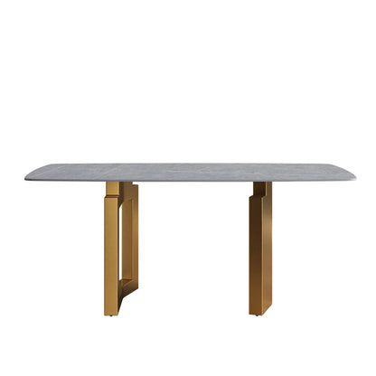 70.87"Modern artificial stone gray curved golden metal leg dining table-can accommodate 6-8 people