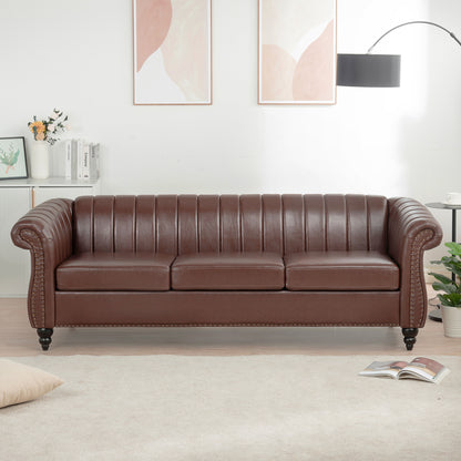 84'' Brown PU Rolled Arm Chesterfield Three Seater Sofa.