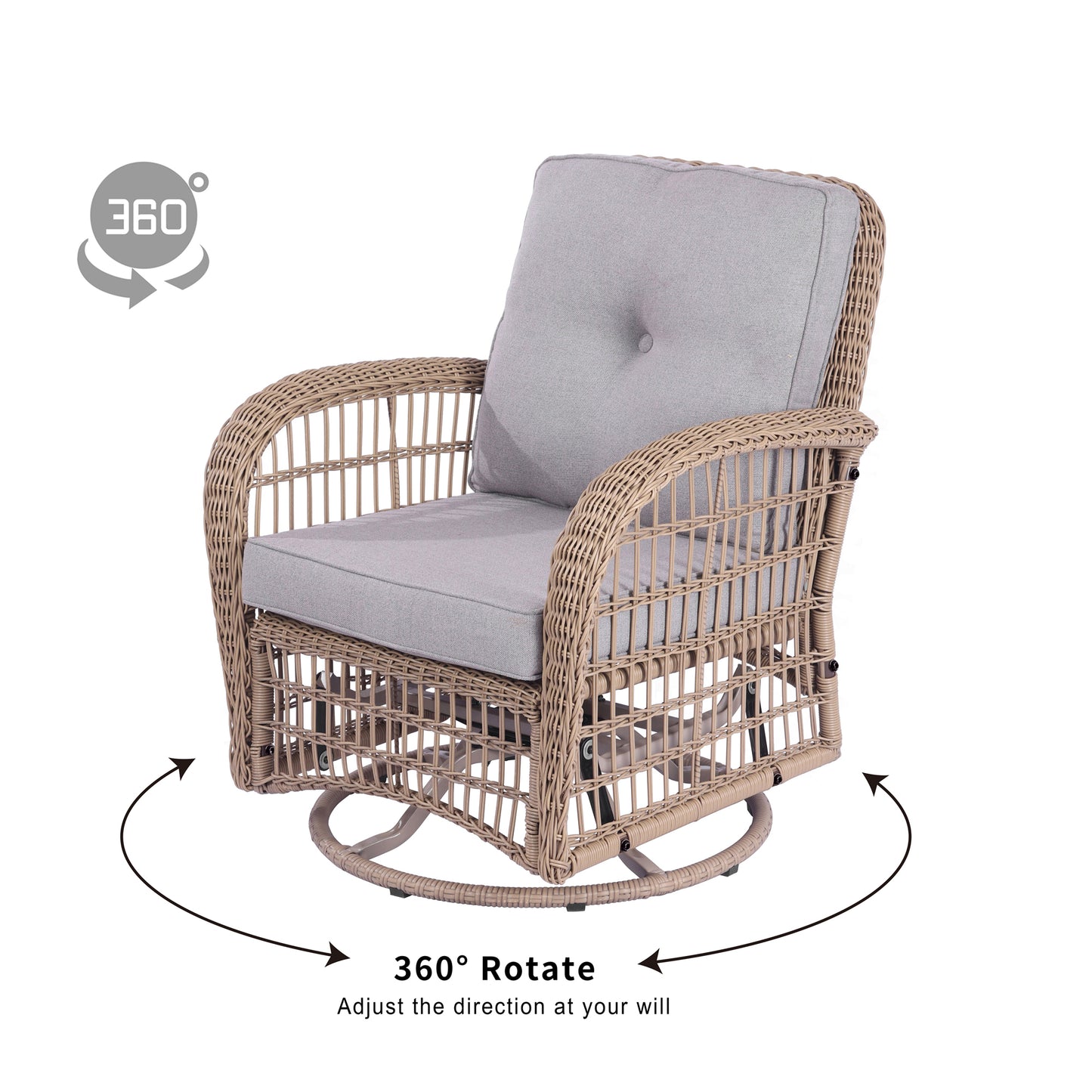 3 Pieces Outdoor Wicker Swive Rocking Chair Set, Patio Bistro Sets with 2 Rattan Rocker Chairs and Glass Coffee Table for Backyard