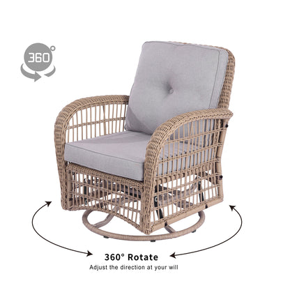 3 Pieces Outdoor Wicker Swive Rocking Chair Set, Patio Bistro Sets with 2 Rattan Rocker Chairs and Glass Coffee Table for Backyard