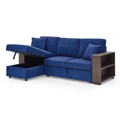 Sectional Sofa with Pulled Out Bed, 2 Seats Sofa and Reversible Chaise with Storage, MDF Shelf Armrest, Two Pillows, Navy Blue, (88" x52" x 34")