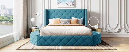 Upholstered Platform Bed Queen Size Storage Velvet Bed with Wingback Headboard and 1 Big Drawer,2 Side Storage Stool(Blue)