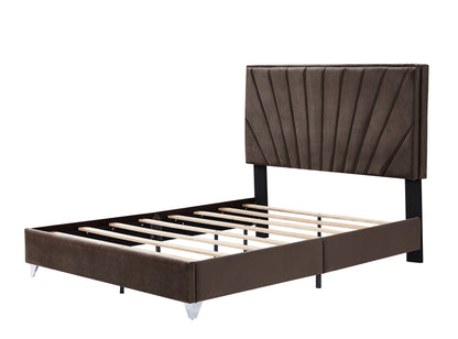 B108 Queen bed with two nightstands, Beautiful line stripe cushion headboard , strong wooden slats + metal legs with Electroplate