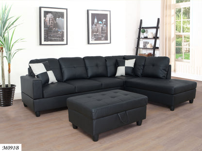 3 PC Sectional Sofa Set, (Black) Faux Leather left-Facing Sofa with Free Storage Ottoman