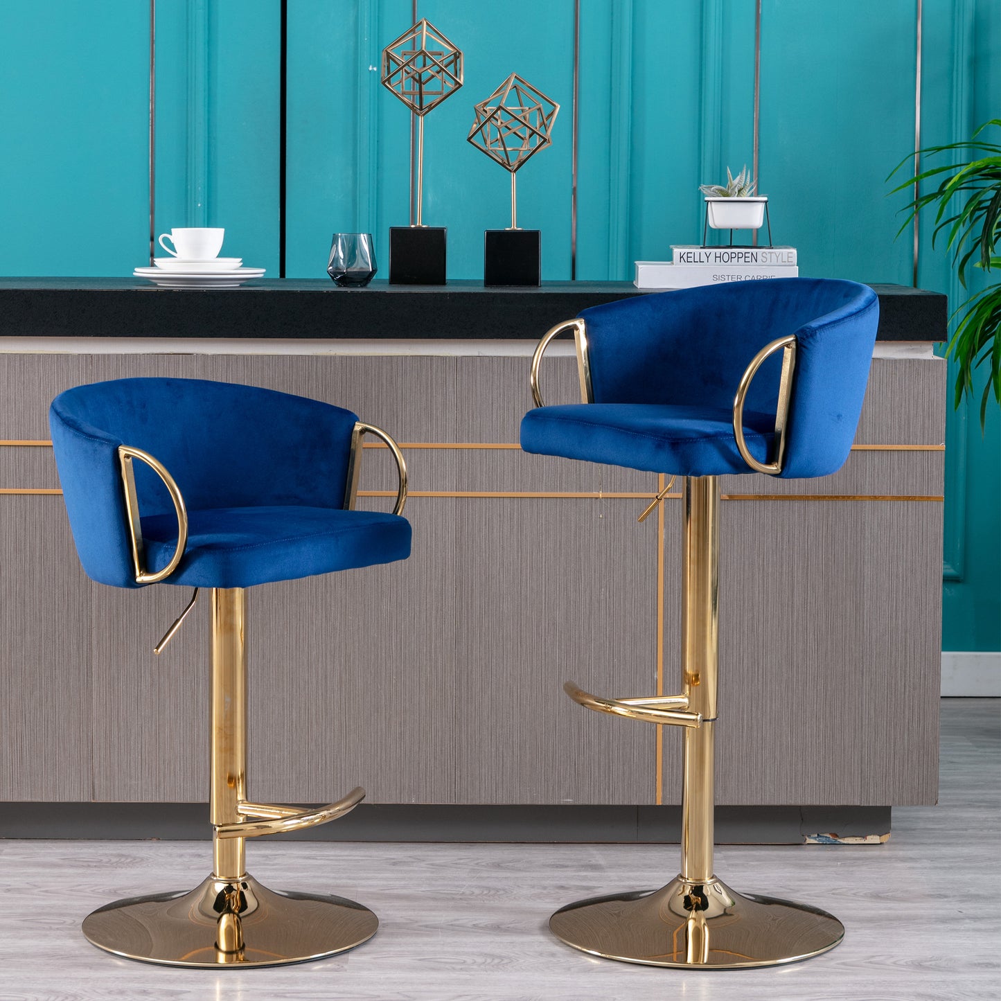 Set of 2  Bar Stools,with Chrome Footrest and Base Swivel Height Adjustable Mechanical Lifting Velvet + Golden Leg Simple Bar Stool-Navy