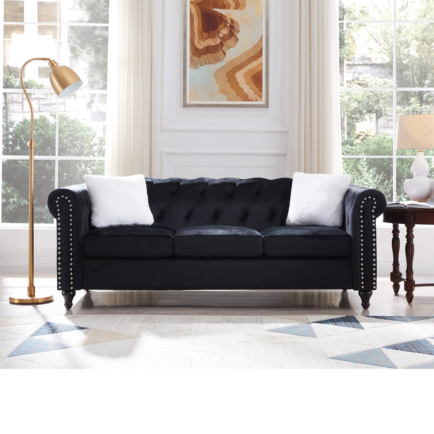 2 Piece Living Room Sofa Set, including 3-Seater Sofa and Loveseat, with Button and Copper Nail on Arms and Back,Four White Villose Pillow，Black