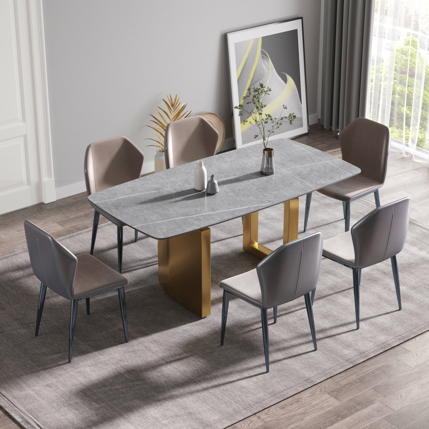 70.87"Modern artificial stone gray curved golden metal leg dining table-can accommodate 6-8 people