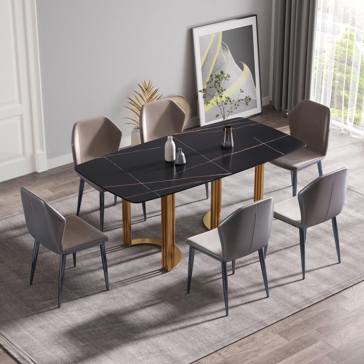 70.87"Modern artificial stone black curved golden metal leg dining table-can accommodate 6-8 people