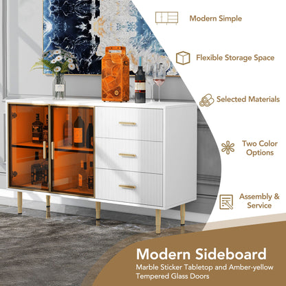 TREXM Modern Sideboard MDF Buffet Cabinet Marble Sticker Tabletop and Amber-yellow Tempered Glass Doors with Gold Metal Legs & Handles (White)